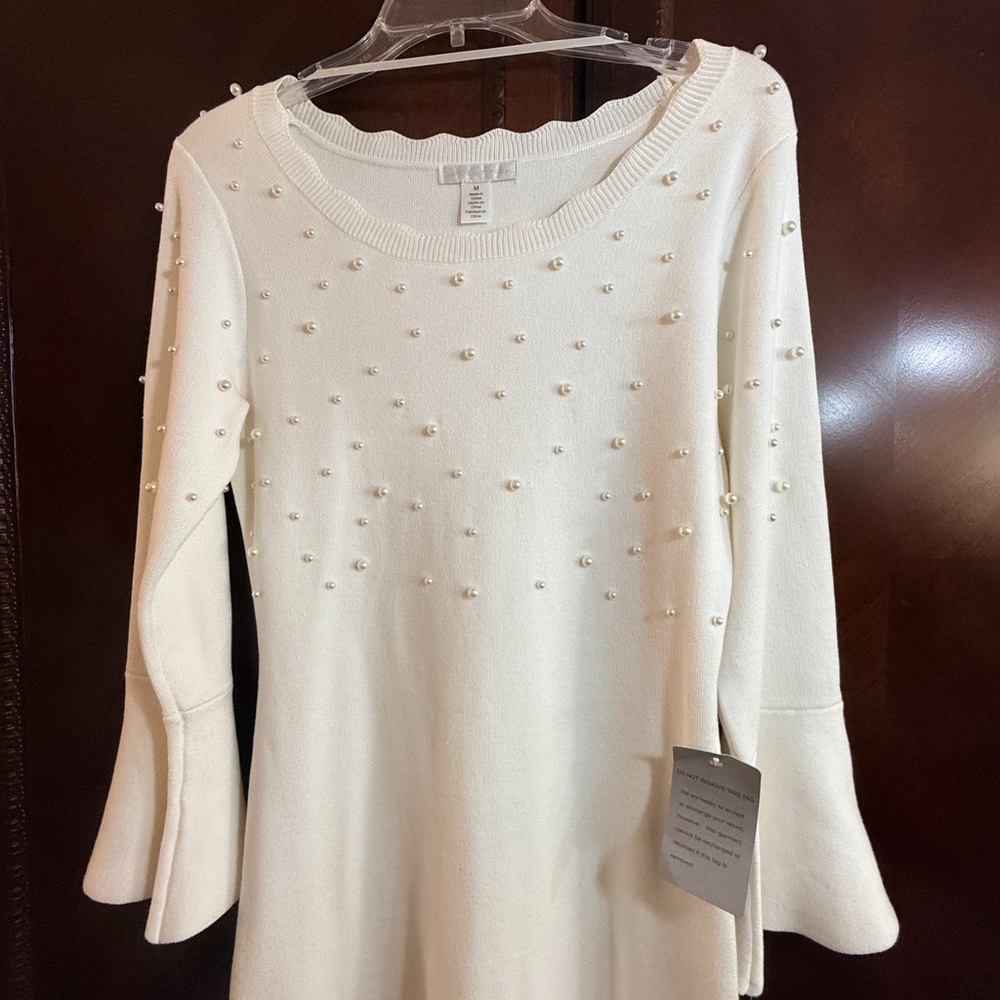 London Times NWT Elegant, white sweater dress with pearl bodice. Stunning Sz Med - Picture 6 of 15